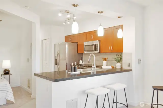 Kitchen with eating bar.