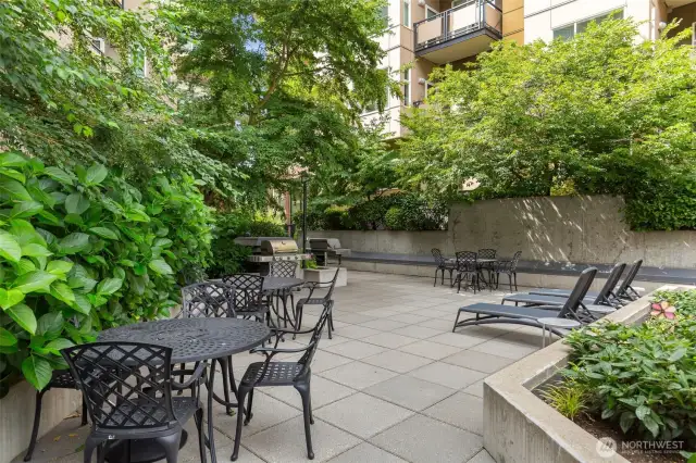 Landscaped amenities plaza with furnished deck and BBQs.