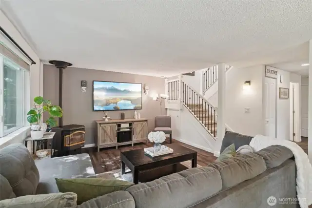 Spacious living room off of kitchen and dining room