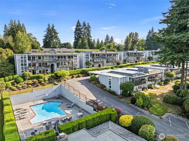 Aerial view of condo community and pool.