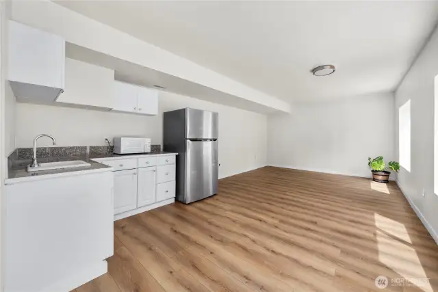 Huge basement living space with kitchenette. Fridge does not convey; goes w/ seller