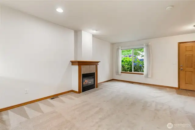 Spacious living room with gas fireplace