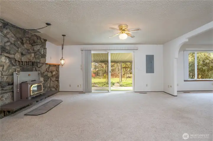 Living room view from kitchen and brand NEW electrical panel.