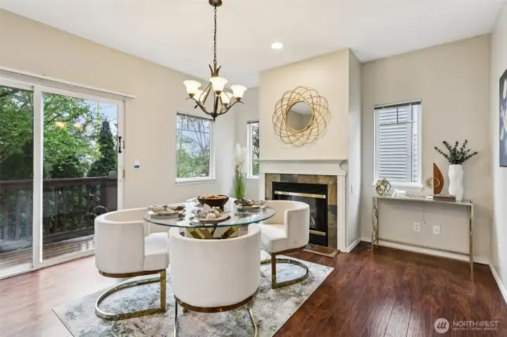 Elegant dining area centered around a cozy fireplace