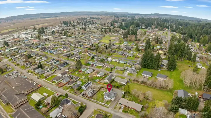 Aerial overview of Montesano neighborhood—just 2 hours from Seattle and 40 minutes to Washington’s scenic coastline.