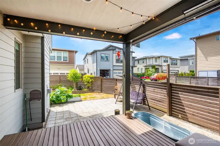 Freshly stained deck, overlooking the back yard