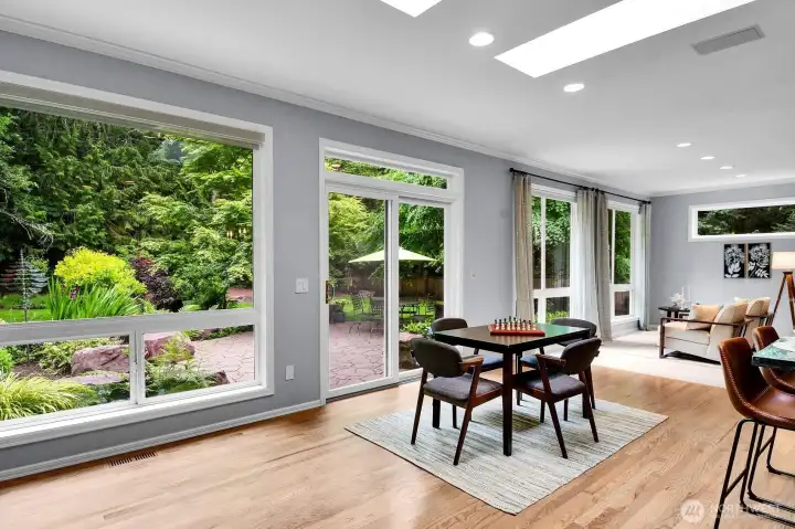 Light-filled with skylights and huge windows, bringing in the outside views.