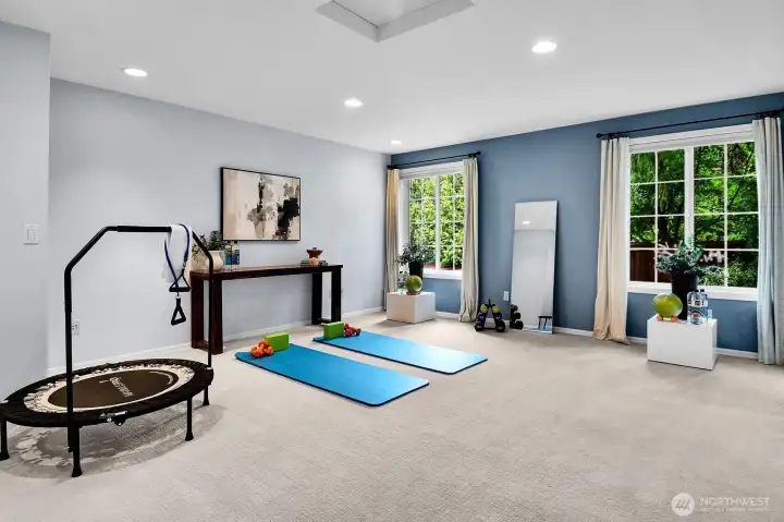 This is the very large, main floor bonus room--perfect for playspace, home gym, home theater or a work from home space.