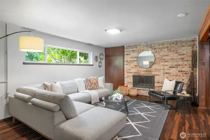 Downstairs living room with built in storage.