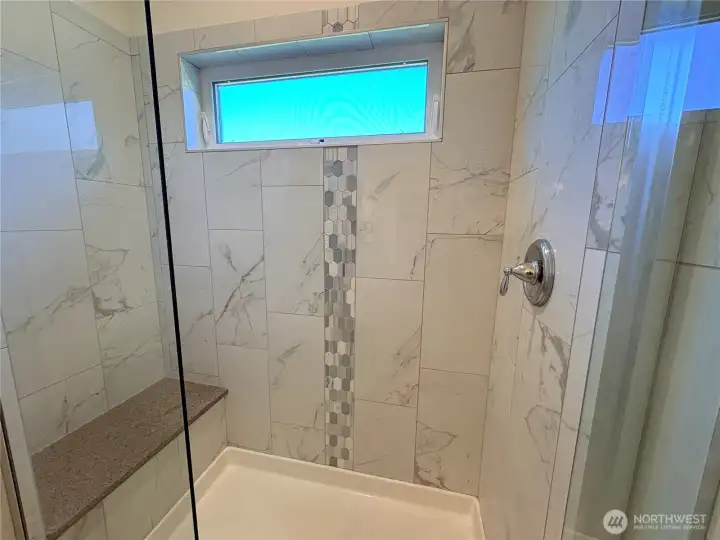 Large Walk in Shower Stall with Bench in Primary