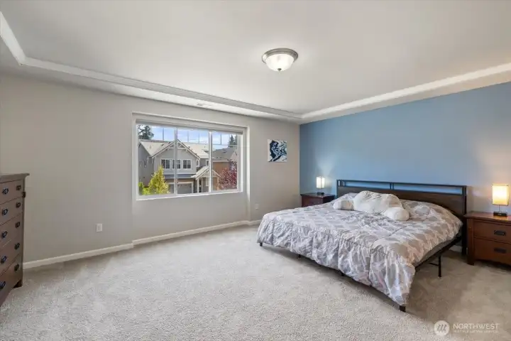 Flowing Primary bedroom with coffered ceiling and trim work. Plenty of space for your bedroom furniture!