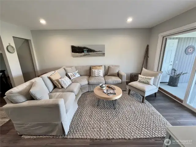 Lower level family room with access to the back covered patio and generous level lawn beyond.