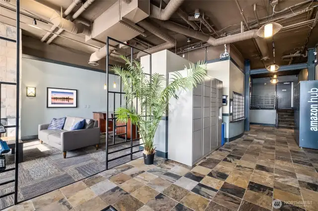 Lobby & mail area with free Wi-Fi, secure package lockers, and a cozy seating area with fireplace