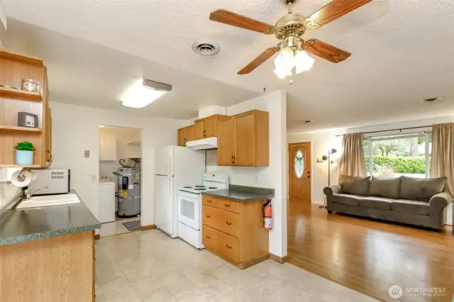 Kitchen view into living room