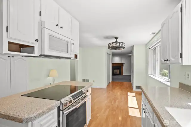 Kitchen view to small eating area for table/chairs