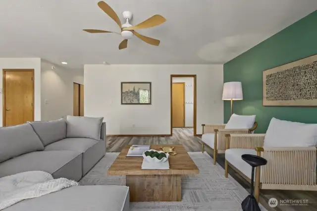Ceiling fans in the great room and bedrooms circulate air, and an all new HVAC system, furnace and air conditioning, will provide years of comfort no matter the season.
