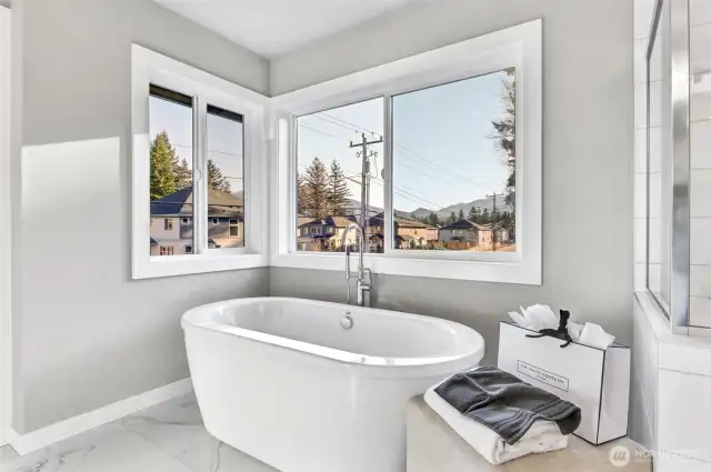 Separate soaking tub in primary bathroom. Pictures depict a previously built home similar to the home going to be built on this lot. Floor plans, Elevations, colors, upgrades & materials may be different.