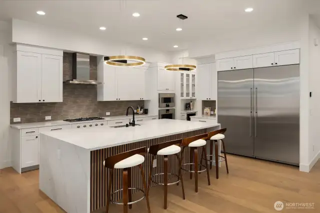 Extra-Large Waterfall Island & Counters.36" Refrigerator & 36" Freezer and 30" SS Behind-Glass Built-In Combi-Micro Oven