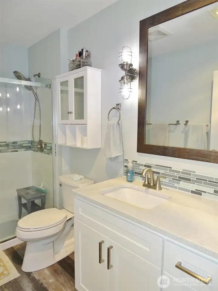Fully Remodeled Bathroom w/ quartz counters and Posheen cabinets.