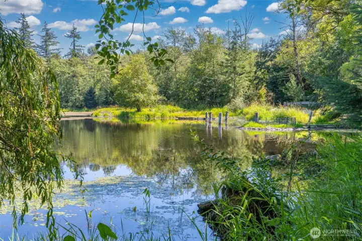 The 8 acre lake has an island in it and Haynie Creek flows through. There are walking trails all around the lake and throughout the acreage.