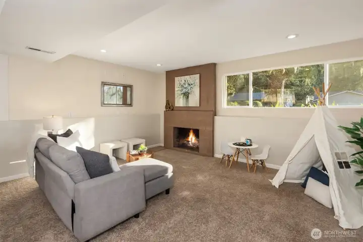A second fireplace keeps the space cozy through cooler winter months
