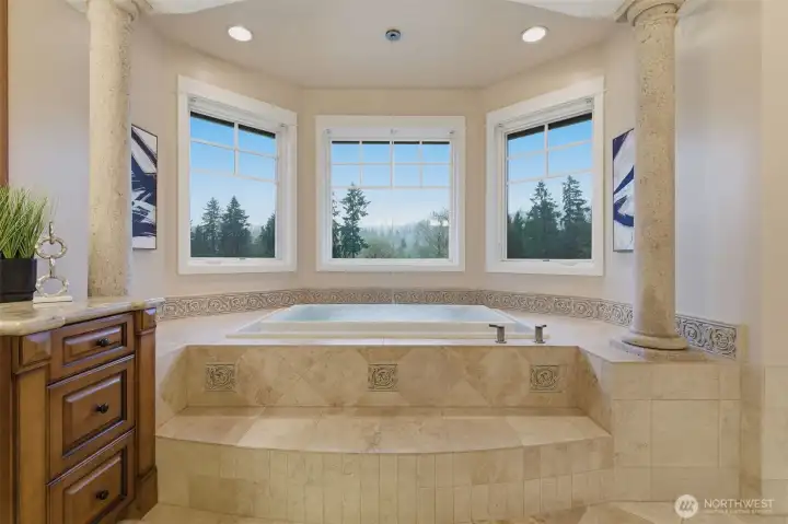 The bathtub is a piece of architecture in itself. It's an Infinity tub, that fills from the ceiling. Recirculating jets keep the water warm while you soak. It needs to be seen to be appreciated.