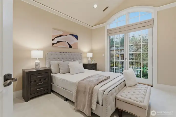 One of three secondary bedrooms in the South Wing of the house. This room overlooks the front driveway, and has a cute Juliet balcony. It also benefits from it's own ensuite bathroom and walk-in closet