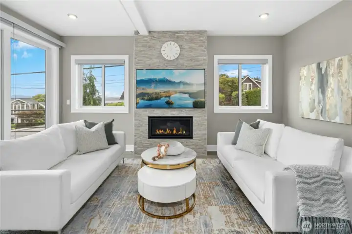 Living room with plenty of lights and the view of the lake