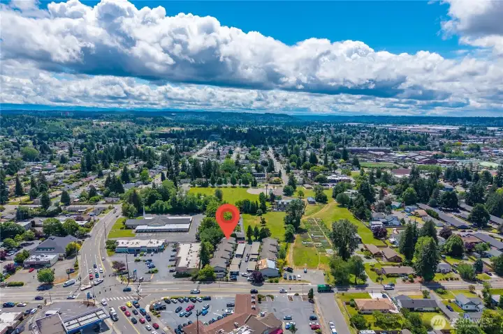 Downtown Auburn aerial, amenities close by