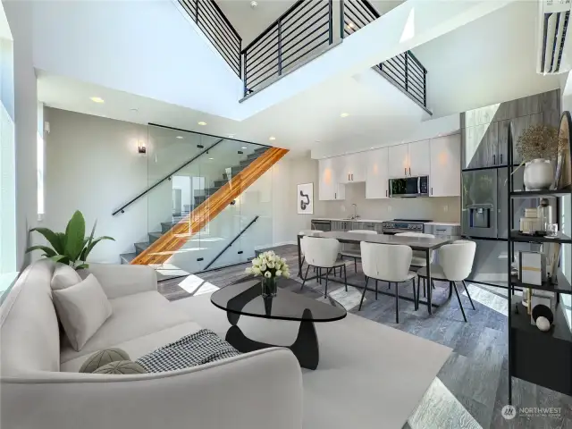 Open-concept living area with abundant natural light, featuring a modern kitchen with premium appliances, a stylish dining area, and a cozy seating space.