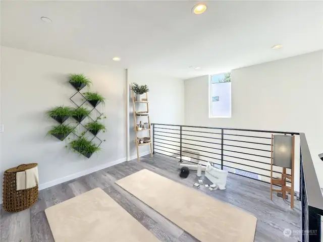Another captivating concept for the upper level! This one is a haven for tranquility, designed as a serene home yoga space with soft yoga mats, a soothing plant wall, and minimalist decor to promote relaxation.