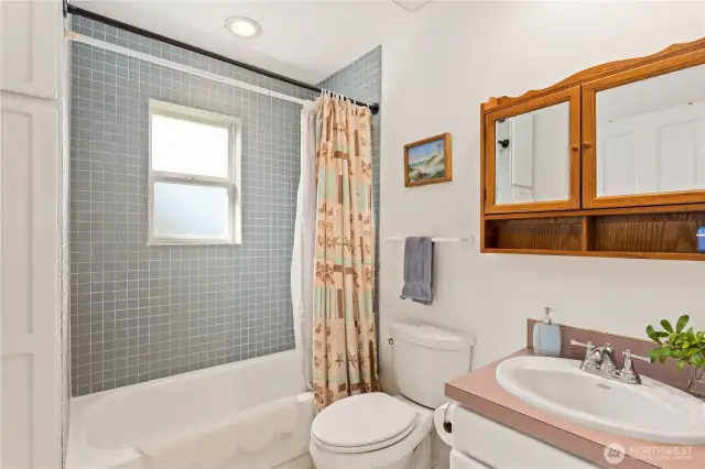 Full bathroom conveniently located on the lower level near the living room and bedroom.