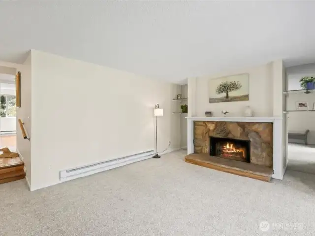 Glass shelving on each side of fireplace.