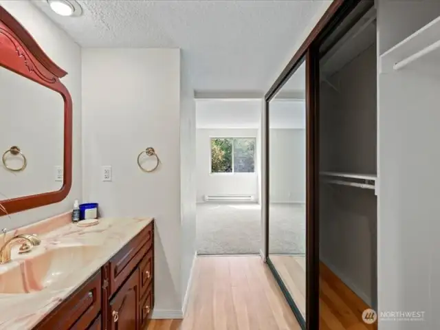 Notice the custom shelving on right. Room for 10 feet of space for anything 42 inches long. And on right 34 inches of space for dresses or long coats, etc.