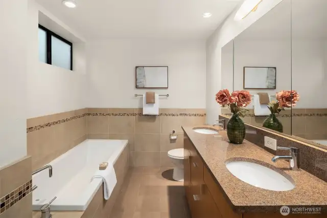 Full lower-level bath with dual sinks.