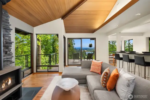 Scenic windows span the open living spaces, while cedar-lined open beam vaulted ceilings soar overhead.