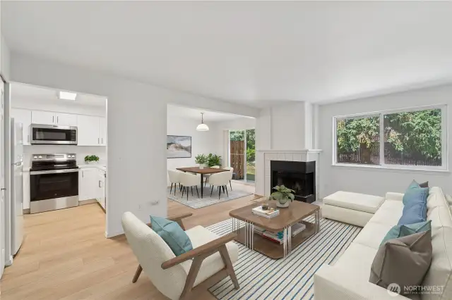Virtually staged - Living, dining and kitchen view