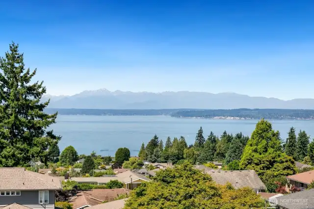view of Puget Sound and Olympic Mt. range from rooftop deck