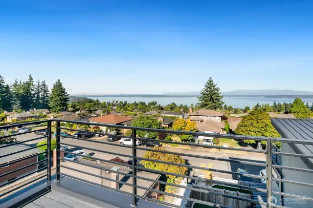 rooftop deck and views of Puget Sound and Olympic Mt. range