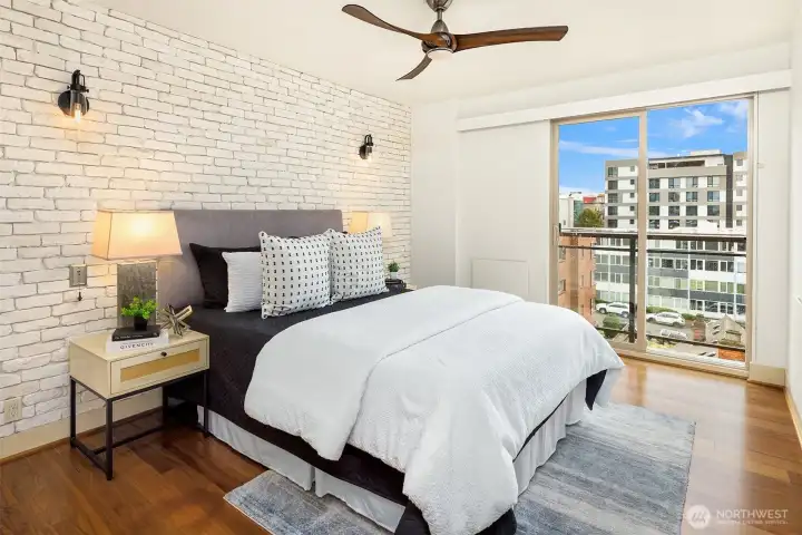 Primary En-suite with Juliet balcony, views of the Space Needle, nicely sized.