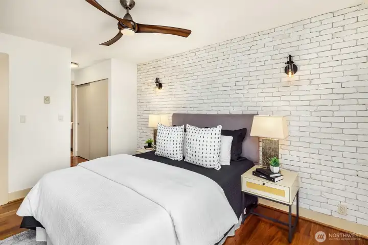 Bed looking towards the closet and the bathroom.