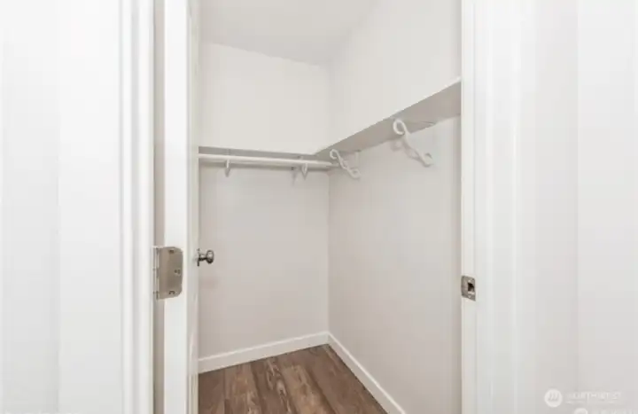 The primary suite features a large walk-in closet, providing ample space for storage
