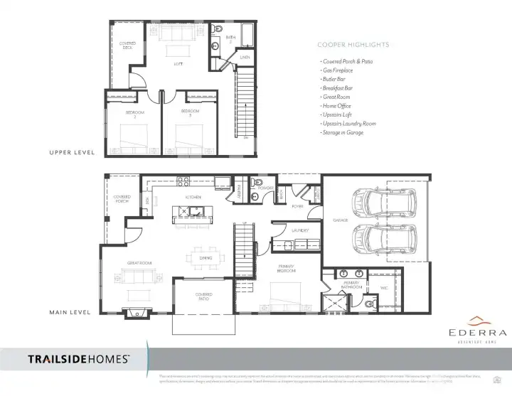 Photos, plans and elevations may be examples representing the community, community  amenities, homes or artist’s renderings that may not accurately represent the actual  condition of a homesite or home as constructed, and may also contain options and  upgrades which are not included in the sale. Trailside Homes reserves the right to make  changes to floor plans, specifications, dimensions, design and elevations without prior  notice. Stated dimensions and square footage, if applicable, are estimated and should  not be used as representations of the home’s actual size