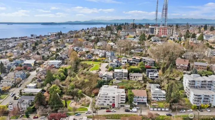 View to the West with Puget Sound and the Olympic Mountains as backdrop.
