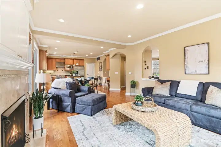 Spacious living area with cozy fireplace