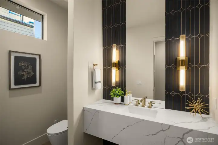 Designer powder room with floating quartz counter