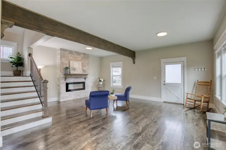 Large living room with electric fireplace