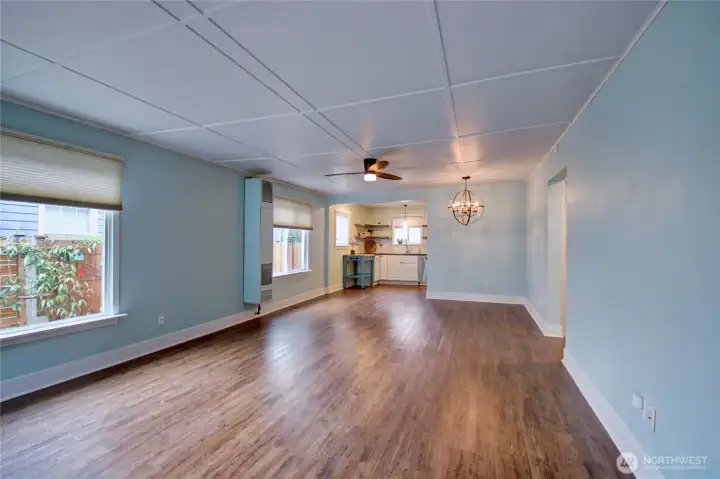 Spacious living room & dining area filled with natural light.