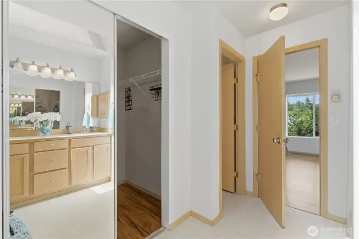 Connected to the principal bedroom this ensuite layout features a separate private toilet room, a fully walk-in closet with mirrored doors reflecting the double sink vanity.  Notice the skylight above the vanity.