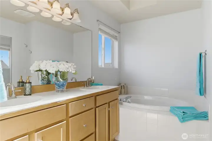 Enjoy a luxury soak in the deep tub. Plenty of storage and counter space in this double sink vanity backed with a full size mirror.
